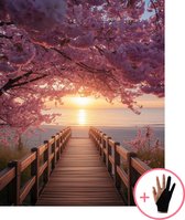 HobbyMania Originals Schilderen Op Nummer Volwassenen - Zonsondergang onder Sakura Bloesem - Inclusief Verf Penselen en Tekenhandschoen - Kleuren Op Nummer - Paint By Number Volwassenen - 40x50 cm