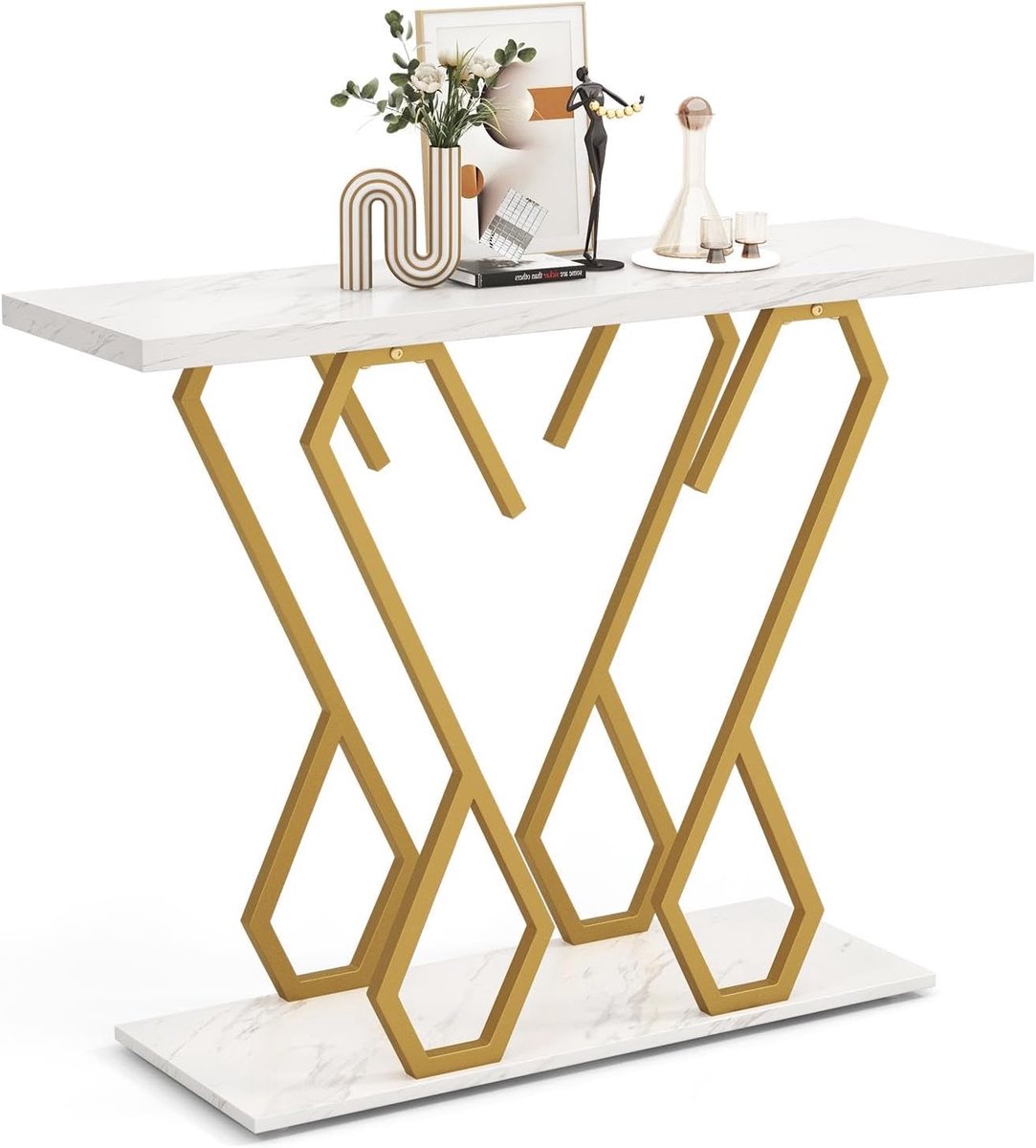 Smalle Consoletafel Marmer Optiek met 2 Niveaus voor Hal en Woonkamer