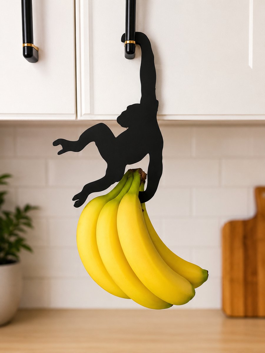 Aap Bananenhouder – Decoratieve Keukenhanger voor Kastgreep of Plank – Zwarte Aap Figuur – Keuken Organizer & Decoratie