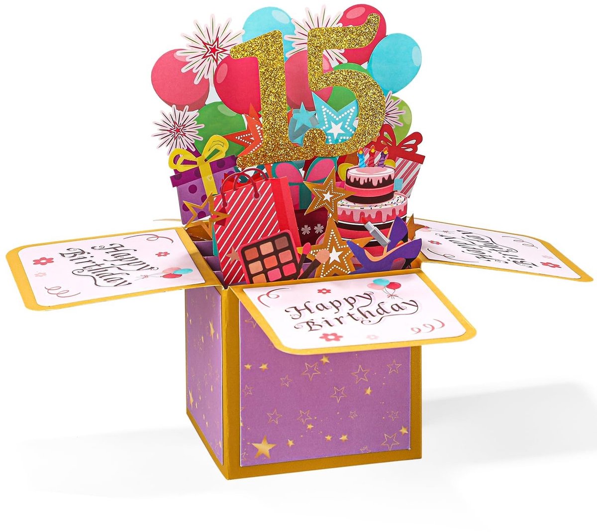 MTTproducts- Verjaardagskaart 15 jaar - Pop-up kaart - 3D wenskaart - Uniek cadeau - Met envelop - Hoogwaardig papier - 7,9 x 7,9 x 18,0 cm