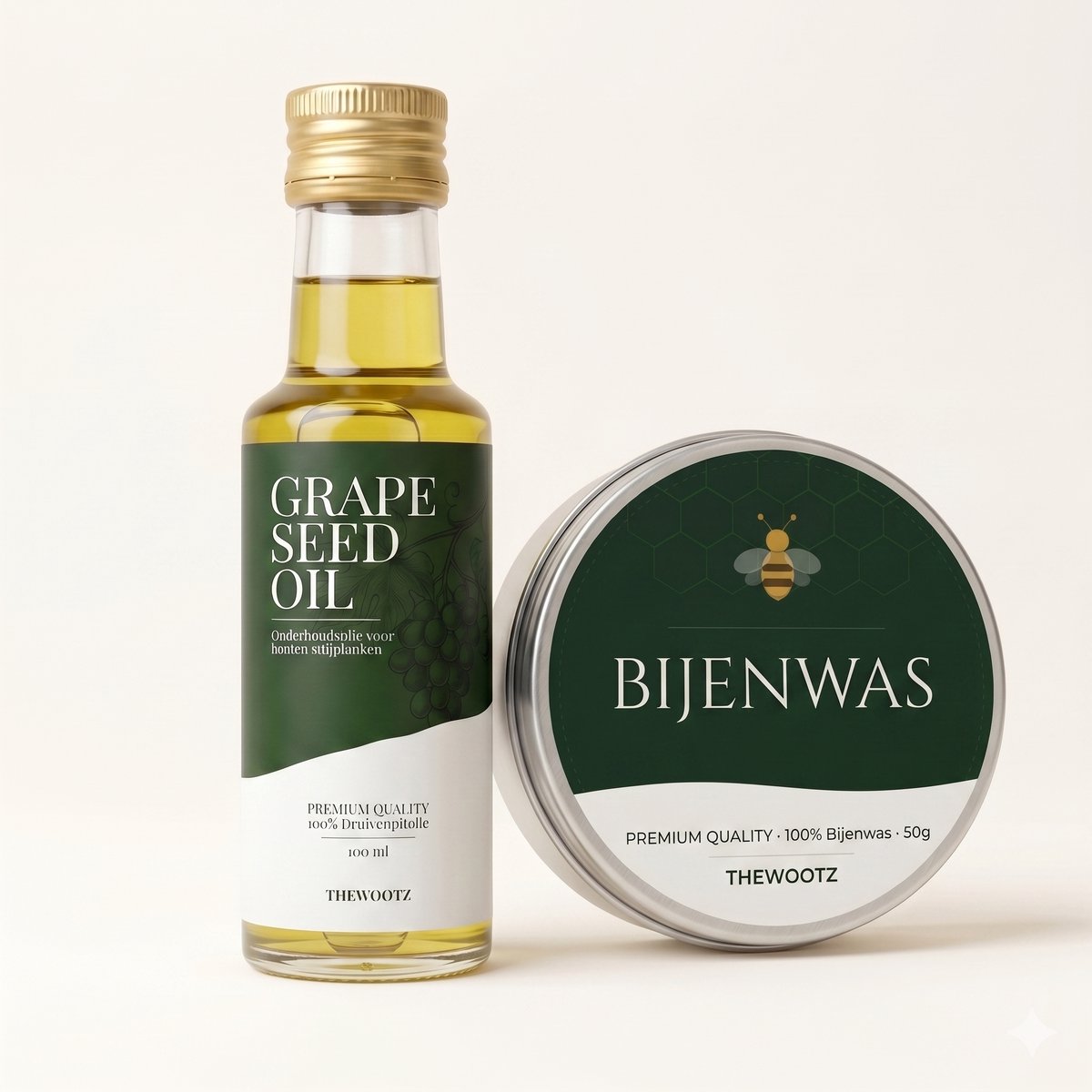 TheWootz Onderhoudsduo Snijplank 100ml – 100% Druivenpitolie + Bijenwas 50g – Compleet Onderhoud voor Houten & Bamboe Snijplanken