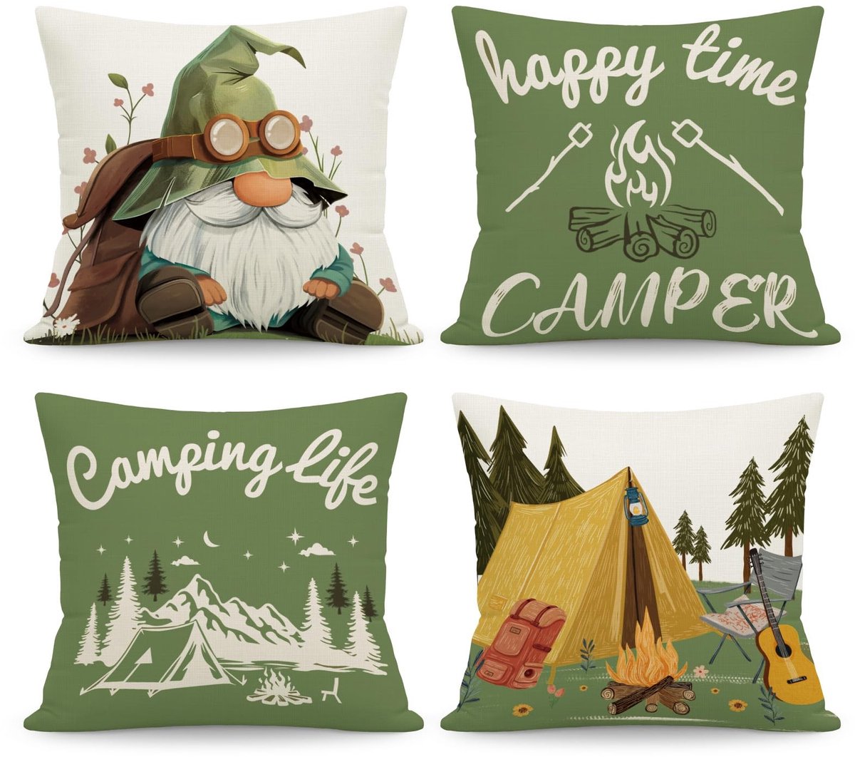 MTTproducts- Kussenhoezen Set van 4 - Decoratieve Kussenhoezen 45 x 45 cm - Linnen - Gnoom Camping Motief - Verborgen Ritssluiting - Machinewasbaar - Kussenslopen
