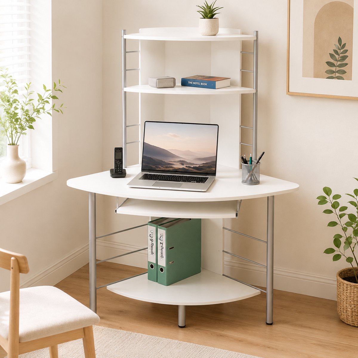 Piranha OSCAR Hoekbureau Wit Houtnerf – Compact Computerbureau & Opbergruimte