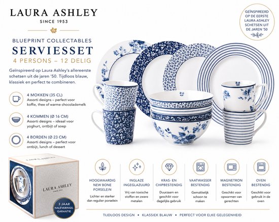 Laura Ashley Blueprint Collectables Serviesset 4 persoons - Servies - 12 Delig - Kerstservies porselein