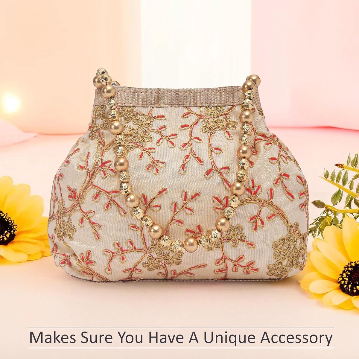 Dames Handtas- 21 x 8 x 18 cm - Vedantan -Katoensilk - Kleurrijk borduurwerk - Partij, Prom, Banket, Cream, Bruiloft - Feesten - Festival - Schattige - Avondtasje - PartyBag – Creme
