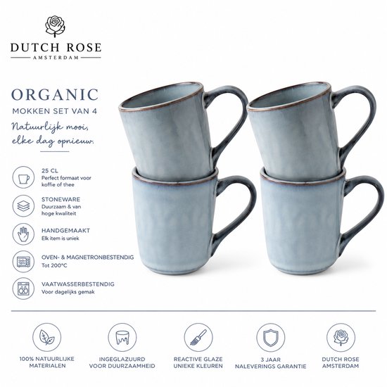 Dutch Rose Organic Mok - Mokken 25 cl. set van 4- Theemok - Koffiemok Mokken - Stoneware handgemaakt - Blauw