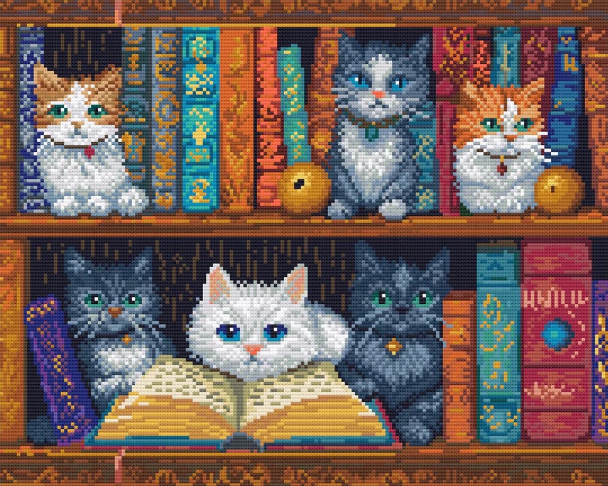Diamond Painting - Book Shelf - Boekenplank met Katten - Letistitch 50 x 40 cm