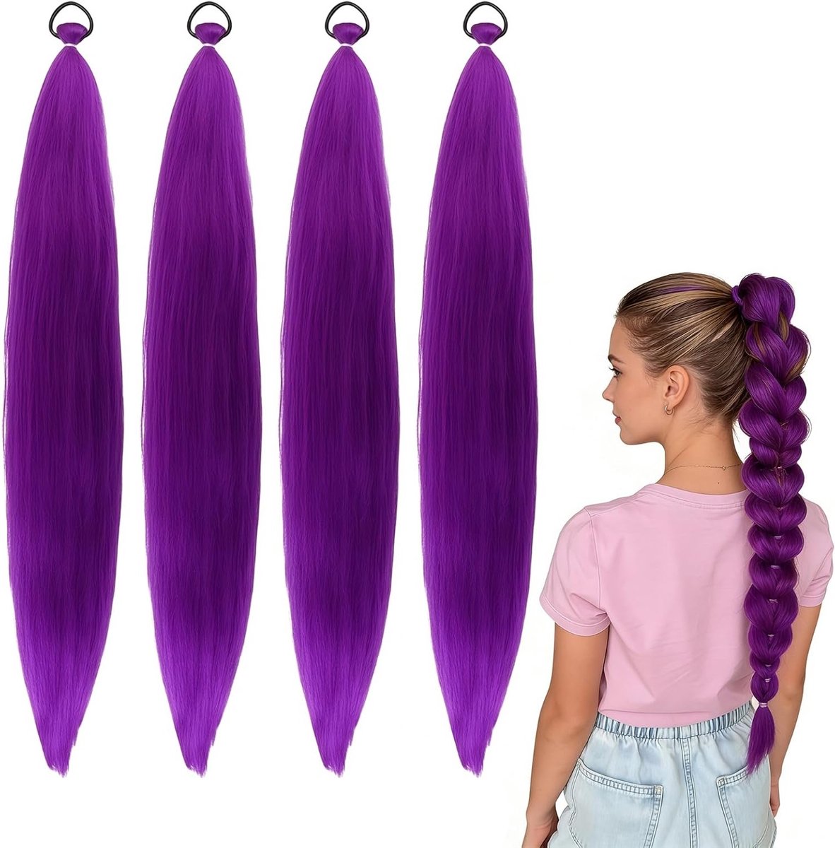 4 Stuks 66 cm Paars Haar voor Vlechten - Pre Stretched Kunsthaar voor Cosplay, Carnaval en Creatieve Kostuums