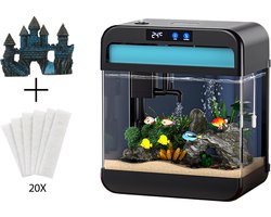 AquaImpact Premium Zelfreinigend Aquarium 26 L – Blauw Kasteel - 20 Filters - Decoratie - Set met 3‑in‑1 Pomp - LED & Touch Display – Timer & Dim Functie - Incl. Luchtbevochtiger - Garnalen Aquarium