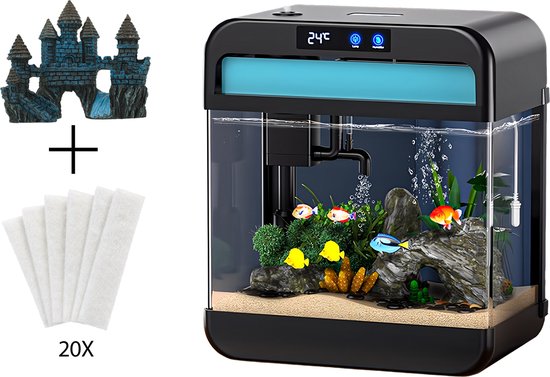 AquaImpact Premium Zelfreinigend Aquarium 26 L – Blauw Kasteel - 20 Filters - Decoratie - Set met 3‑in‑1 Pomp - LED & Touch Display – Timer & Dim Functie - Incl. Luchtbevochtiger - Garnalen Aquarium