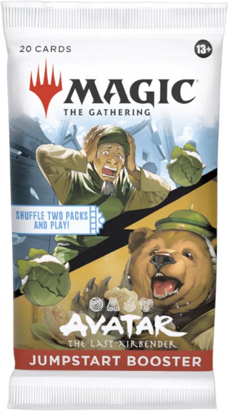 Magic: The Gathering Jumpstart Booster met "Avatar: The Last Airbender" thema, met een beer met groene hoed en een man in paniek.