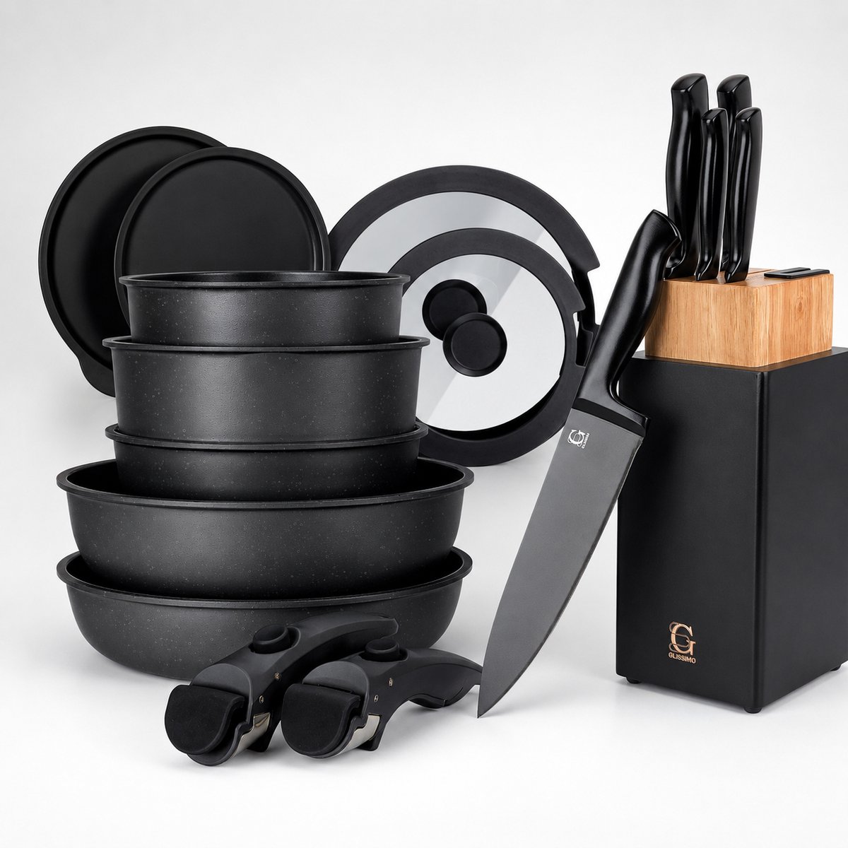 Glissimo Cookware 21-Delige Keramische Pannenset met Messenset en Messenblok – Zwart – Afneembare Handgreep – Non-stick Pannenset – PFAS Vrij – BPA Vrij – Geschikt voor Alle Warmtebronnen – Magnetisch Messenblok met Messenslijper – RVS Koksmessen