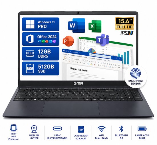 Office Laptop 15.6 Inch Full HD IPS - Intel N95 - 12GB DDR5 RAM - 512GB SSD - Windows 11 Pro - Microsoft Office 2024 - GMR Notebook voor Studie, School, Office, Internet, E-mail, Thuiswerken en Zakelijk Gebruik - GMR - Hoofdafbeelding