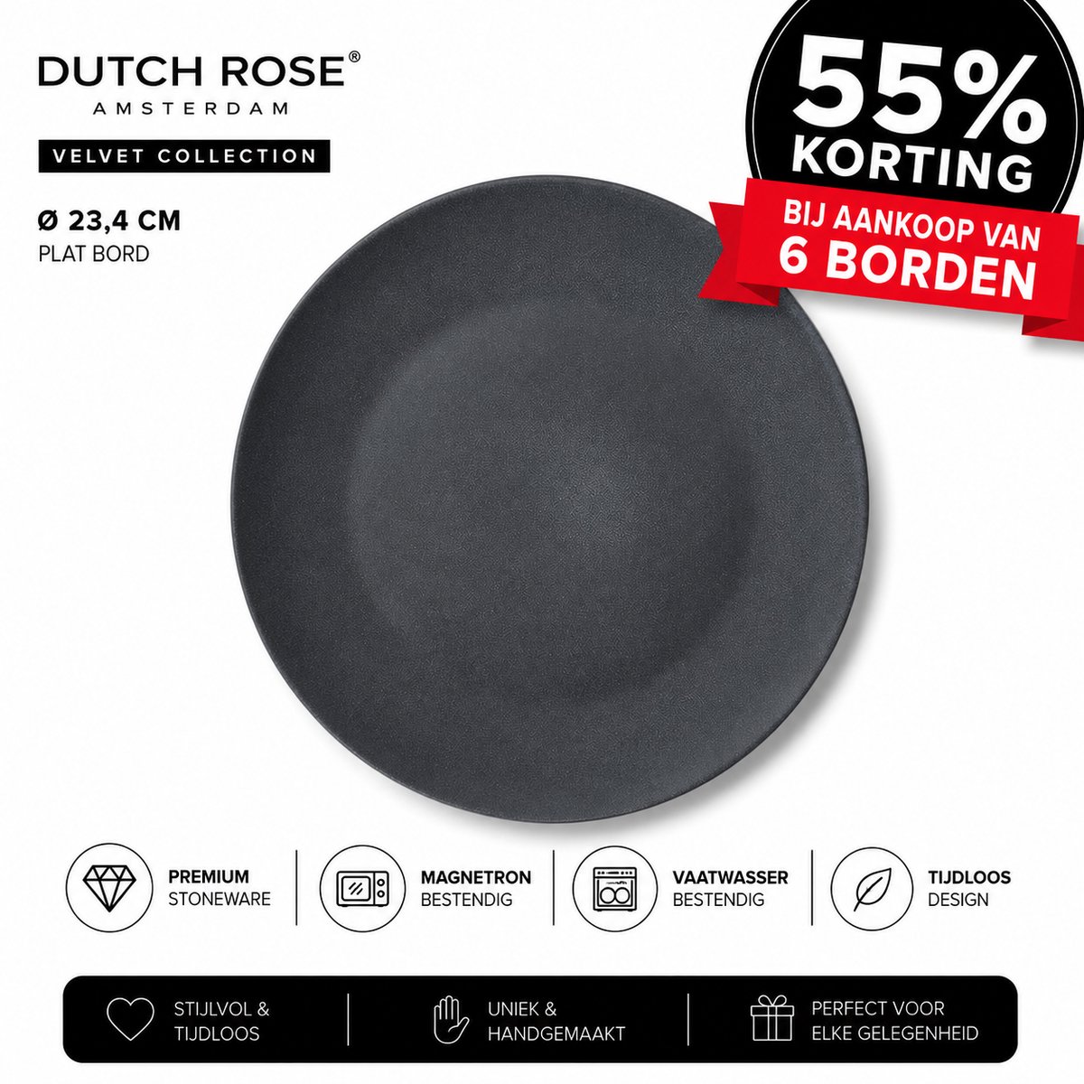 Dutch Rose Velvet - Dutch Rose Bord Plat 23 cm mat Antraciet
