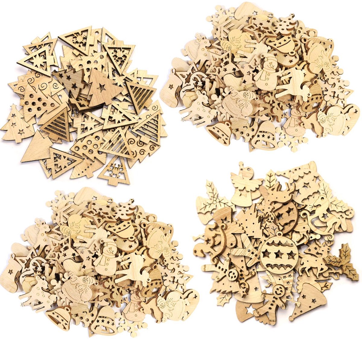Cosensi- Houten Decoraties 200 Stuks - Mini-Hangers - Kerstdecoratie voor Binnen - Houten Decoratie Figuren - Sneeuwvlokken/Kerstman - Natuurlijke Hout - Kerstdecoraties