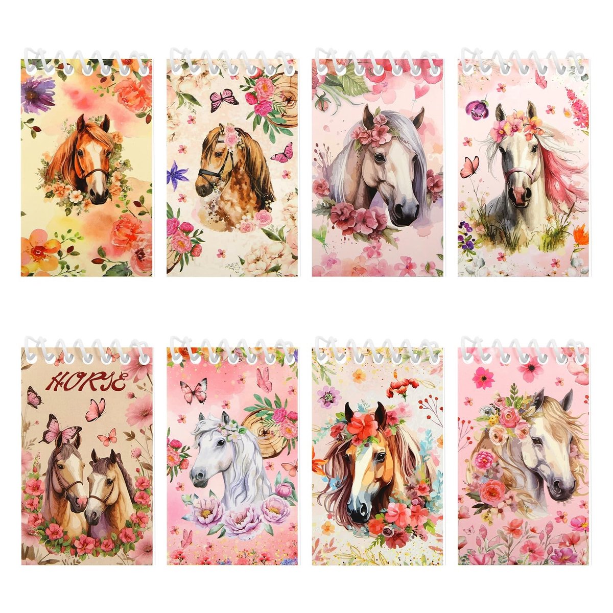 Cosensi- Notitieboek Spiraalvormig 8 Stuks - Bloemen/Paardenpatronen - Draadgebonden - Hardcover - Bureauaccessoire - 360° Plat - Notitieblok