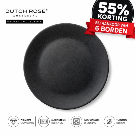 Dutch Rose Velvet - Assiette Plate Dutch Rose 20,5 cm Zwart Mat