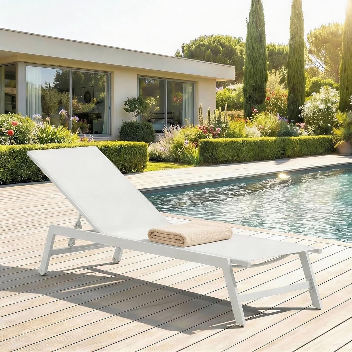 Ligstoel 192 x 55 x 31 cm Verstelbaar Aluminium Crèmewit – Tuinligstoel met 6 Standen Rugleuning, UV-Bestendig Textiel, Zonneligbed voor Tuin, Terras, Balkon en Zwembad – Mobili Bella