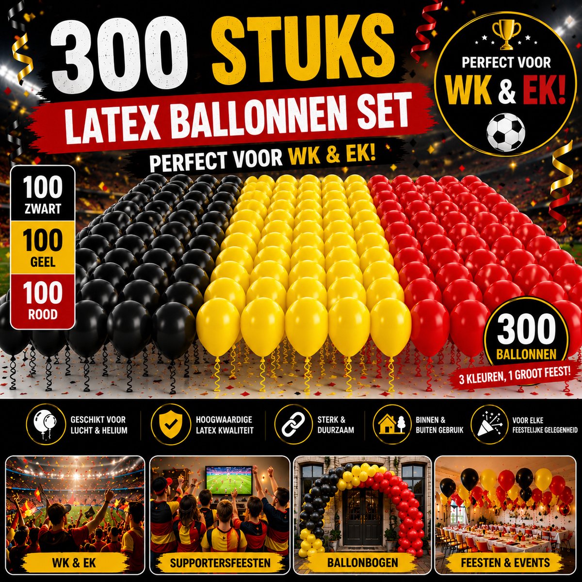 300 Ballonnen Set Zwart Geel Rood – 100 Zwart, 100 Geel & 100 Rood – WK & EK Versiering – Latex Ballonnen voor Feesten en Evenementen