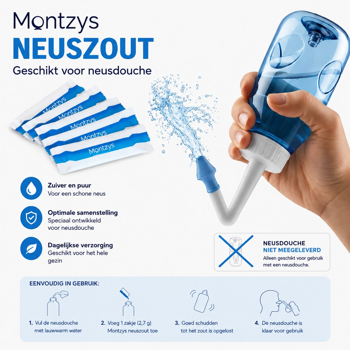 Montzys® Neus Spoelzout Set - 120 Stuks - Geschikt voor Neusreiniger, Neusdouche & Neusspoeler - Neti Pot met Nasaal Zout - voor Kinderen, Baby & Volwassenen — cadeau in Cadeau-ideeën - foto 3