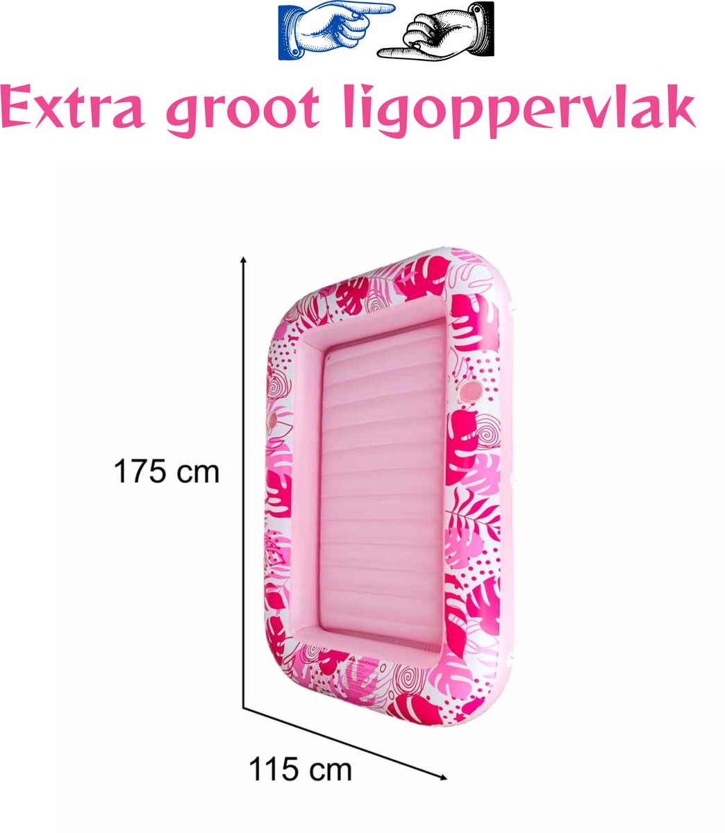 Opblaasbaar Zwemmatras met Hoofdkussen Roze 175x115 cm - Drijvende Zonnelounger voor Zwembad Strand en Meer - Comfortabel Waterluchtbed met Bekerhouders en Trekkoord - Luxe PVC Relaxmatras tot 100 kg voor Vakantie en Ontspanning - Met Ebook