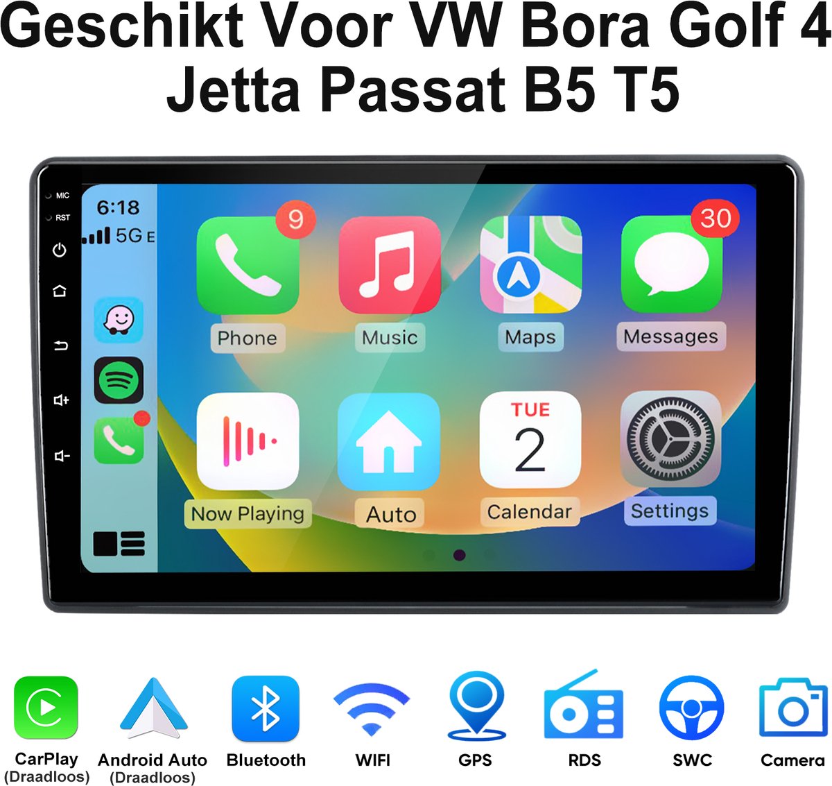 Junsun Android15 Autoradio Geschikt Voor VW Bora Golf 4 Jetta Passat B5 T5 Accessoires, 4GB+64GB, Draadloze CarPlay & Andriod Auto, DAB+, GPS-navigatiesysteem, Bluetooth, Stuurwielbediening, WiFi, FM, USB, 9-inch Touchscreen, DSP, Octa-core processor