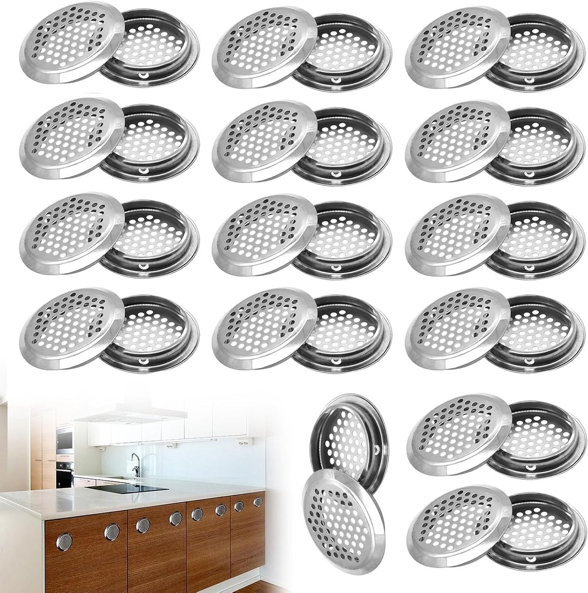 Set van 30 Ronde Roestvrijstalen Ventilatieroosters voor Kasten, Schoenkasten en Badkamers