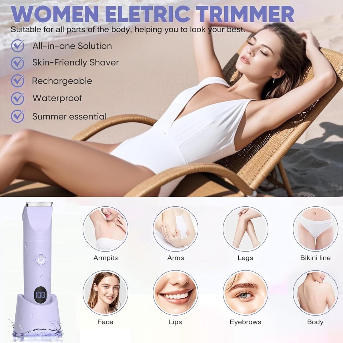 Thijox - Scheerapparaat voor Dames, 3-in-1 Elektrisch Scheerapparaat, Haartrimmer voor Vrouwen, Lichaamstrimmer, Intieme Scheerapparaat, IPX7 Waterdic thumbnail 3