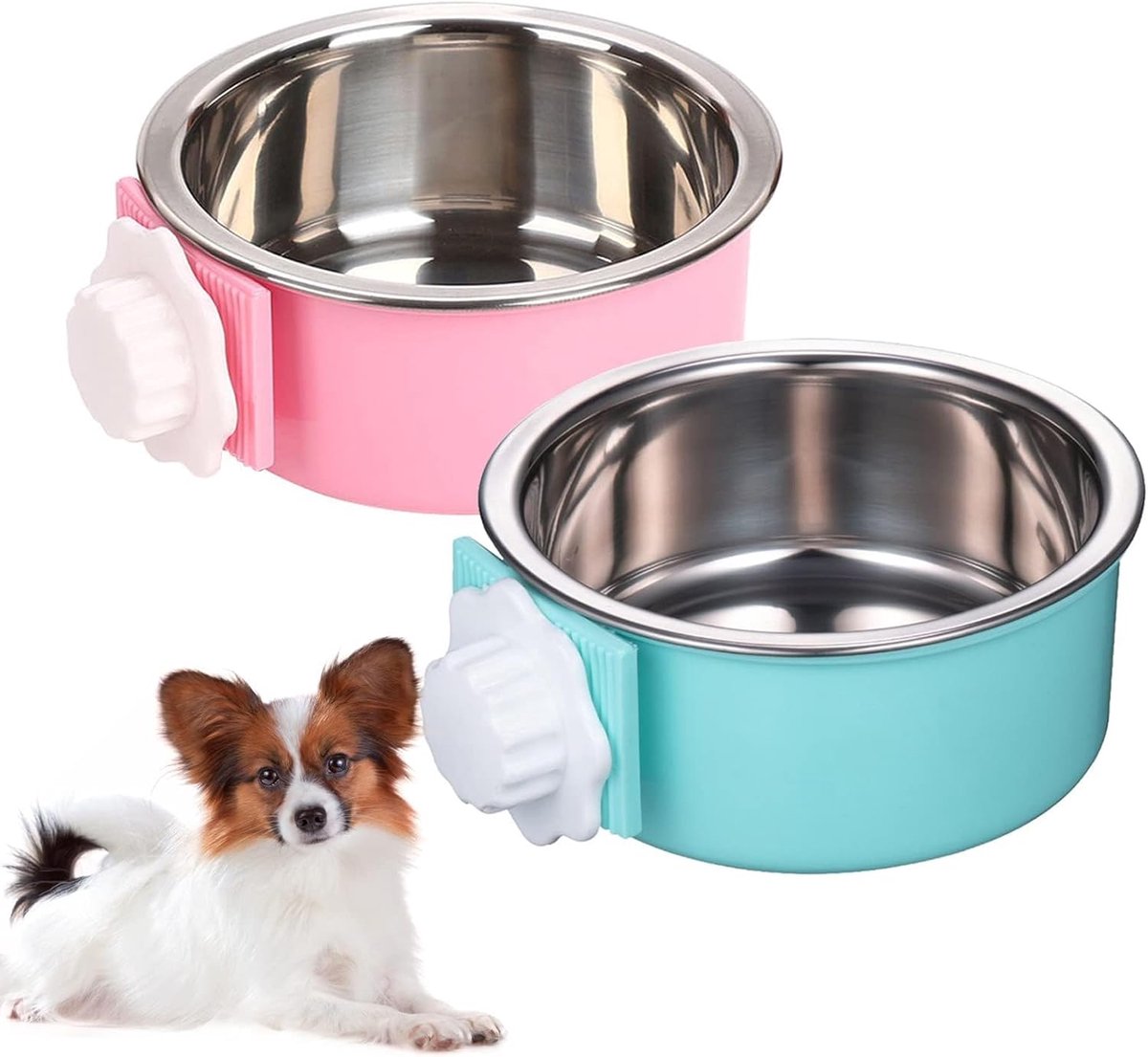2 Stuks Hangende Voerbak - RVS - Afneembaar - Honden, Katten, Vogels en Knaagdieren - Blauw en Roze