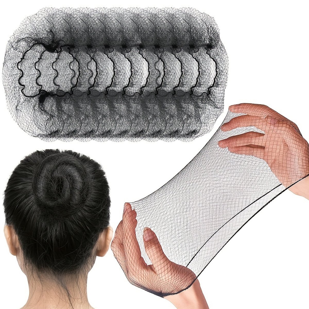 Set van 100 zwarte onzichtbare haarnetjes - 60 cm - Hoog-elastische nylon rand - Universeel - Geschikt voor horeca, dansers, pruiken, haarknotjes en koken