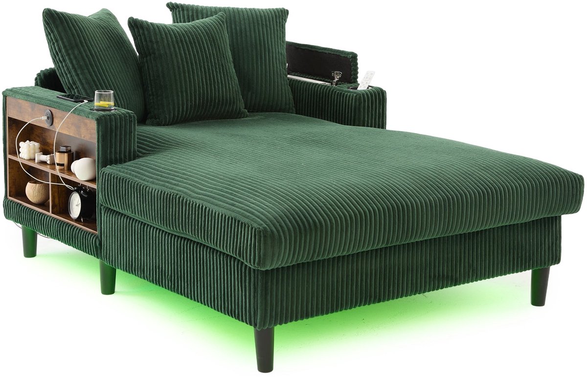 Merax Multifunctionele Chaiselongue - Smaragdgroene Ribstof Lounge Sofa 170 cm - Met LED-Verlichting - USB-Laadpoort - Bekerhouders - Opbergruimte en 3 Kussens