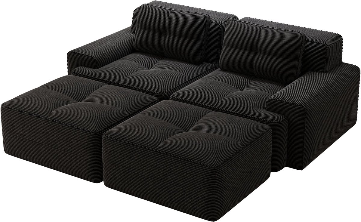 Merax U-Vormige Cloudbank 2-Zits - Zwarte Ribstof Loungebank 204 cm - Modulaire Bank met Hocker - Diepe Zitting - Antislip Onderzijde - Geen Montage Nodig