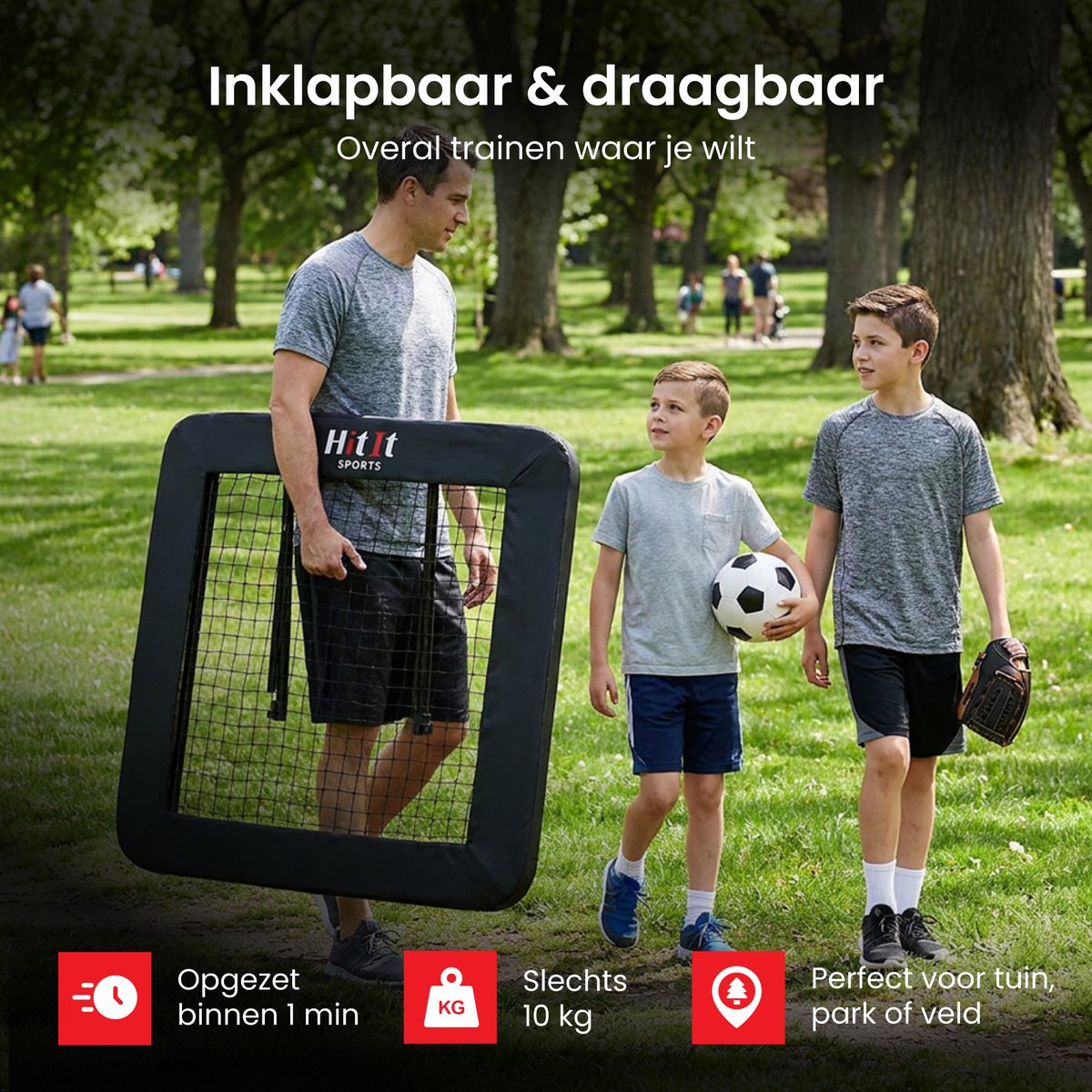HitIt SPORTS® Rebounder Voetbal - Voetbal Spullen Trainingsmateriaal 124x124cm - Mini Trampoline Kinderen & Volwassenen - Inklapbaar Tennisnet - Volleybal Korfbal - Voetbal Trainingsmateriaal — afbeelding 5