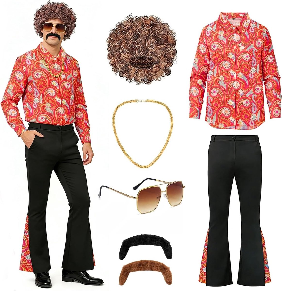 Retro Disco Hippie Kostuum voor Mannen met Shirt, Broek, Perücke, Bril en Accessoires voor Carnaval en Halloween - 70s Stijl Outfit