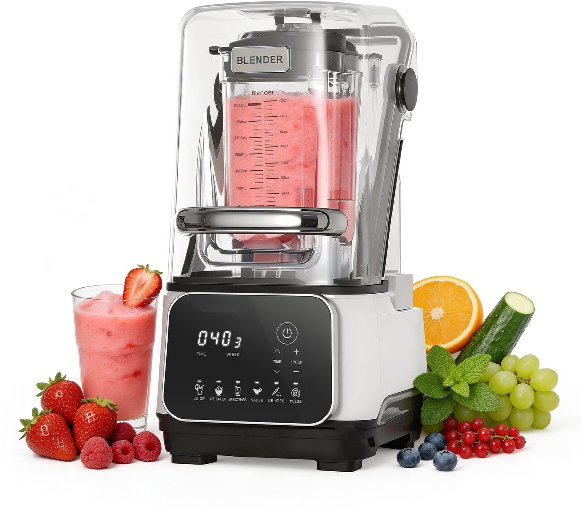 Staande Mixer Smoothie Blender - 2L Powerblender - 2200W Motor - Met Beschermkap - Instelbare Snelheid - 6 Voorgeprogrammeerde Programma's - Zelfreinigend - IJscrusher - Wit
