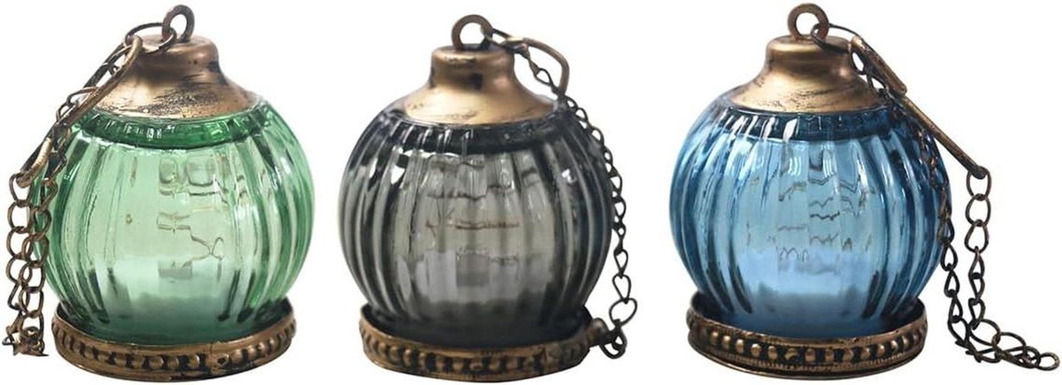 Set van 3 kandelaars van gekleurd glas om op te hangen, messing en etnische sfeer, diameter 6,5 cm en hoogte 8 cm