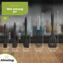 Cinq ustensiles de cuisine en silicone noir avec dimensions : pinceau 20,8 cm, raclette 21,5 cm, spatule 25,6 cm, fouet 27,5 cm, spatule 30,4 cm.