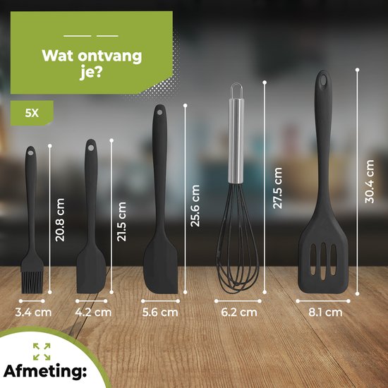Cinq ustensiles de cuisine en silicone noir avec dimensions : pinceau 20,8 cm, raclette 21,5 cm, spatule 25,6 cm, fouet 27,5 cm, spatule 30,4 cm.