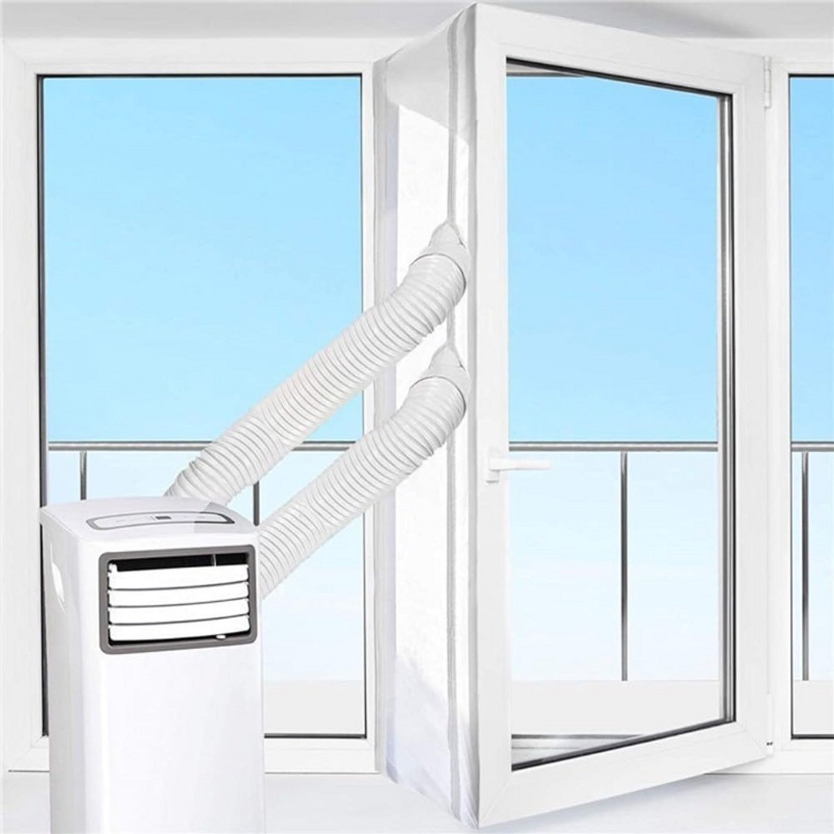 1-pak - Afdichtingsdoek voor airconditioners - Afdichtingsdoek voor ramen - Winddicht doek - Geschikt voor airconditioners, wasmachines en drogers - Kan op ramen en schuifdeuren worden aangebracht - 3 m - Dubbel gat - Ritssluiting - Wit