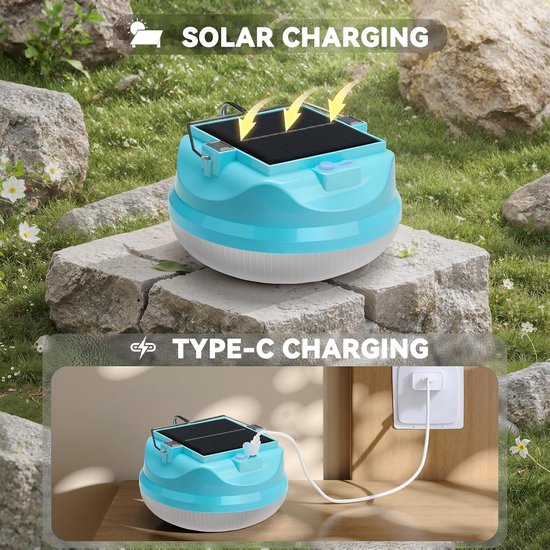 ZVD Solar Campinglamp Tentlamp, Oplaadbare LED Campinglantaarn voor Stroomuitval met 4000mAh IPX4 Waterdicht, Type-C Opladen, 3 Dimstanden, Draagbare Magneethaak, Powerbank, 200W, ROZE — afbeelding 4