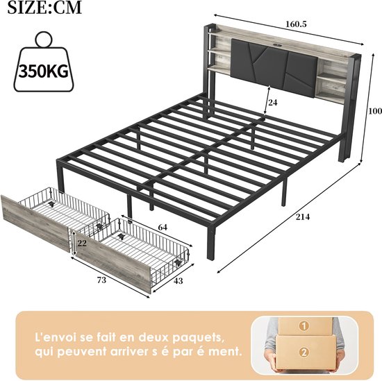 Metalen Bed 160x200 cm met LED-verlichting, USB-poort en 2 Opberglades – Gestoffeerd Tweepersoonsbed met Opbergruimte & Lattenbodem – Industrieel Design PU Zwart – Zonder Matras