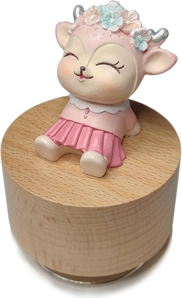 Mini Wooden Animals Rotary Music Box with Cute Deer Ornament (Tune: Edelweiss)