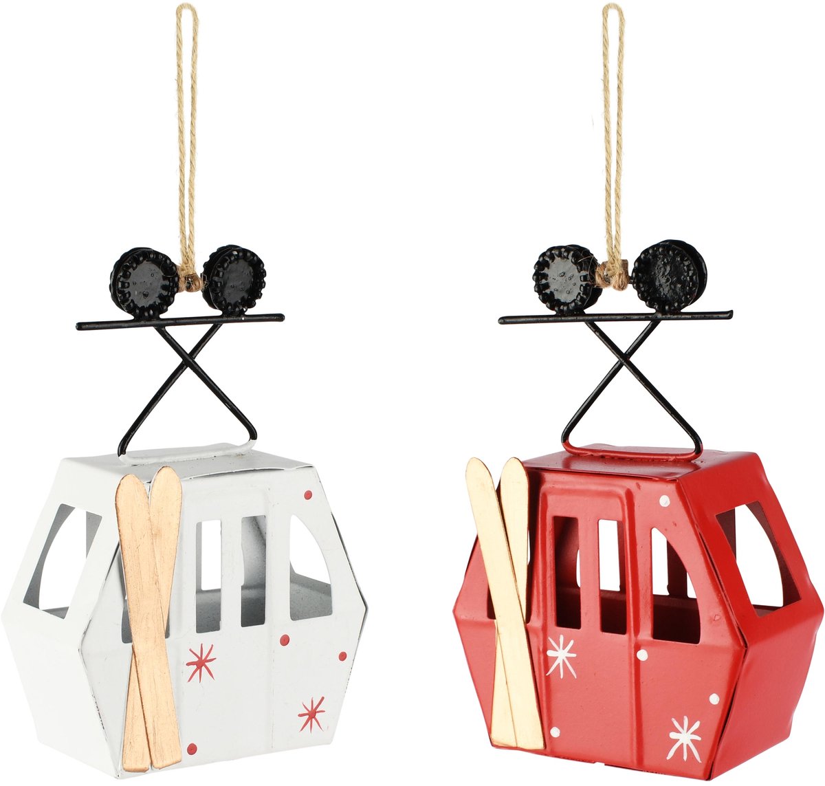 Dekoratief | Hanger gondel kabellift, rood/wit, metaal, 7x4x11cm, set van 2 stuks | A265251