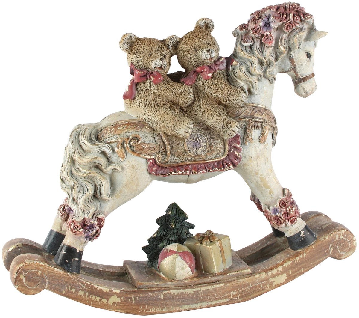 Dekoratief | Schommelpaard m/beertjes, wit/bruin, resina, 26x7x21cm | A265427