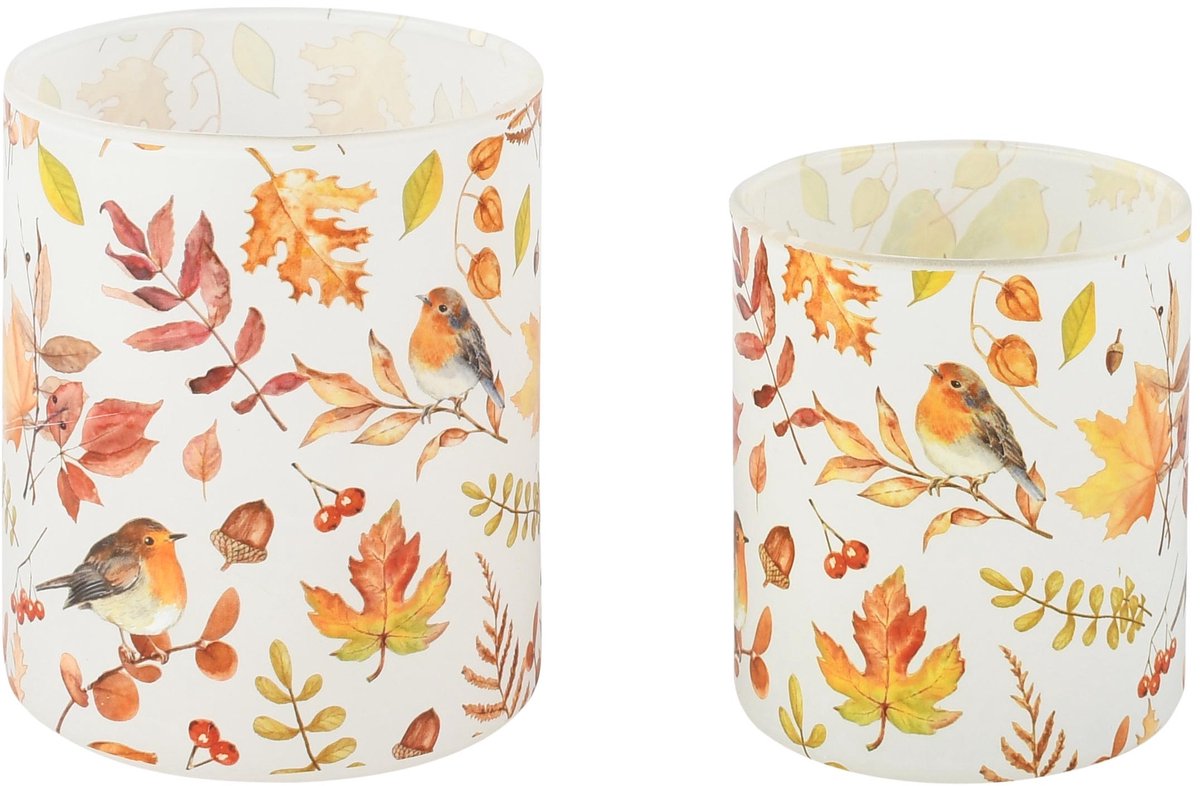 Dekoratief | Set 2 theelichthouders 'Autumn Birds', glas, 8x8x10cm | A265257