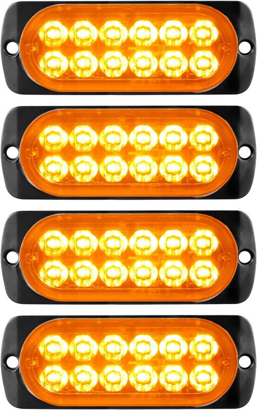 Vier amberkleurige LED-lichtbalken met 12 lampen, elk op een zwarte basis.