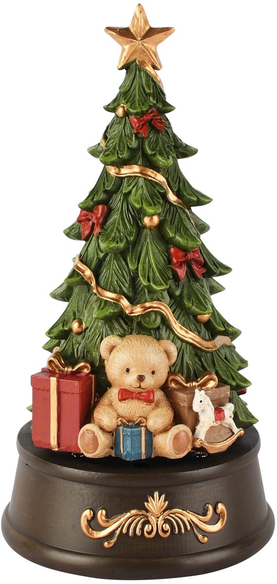 dekoratief Muziekdoos kerstboom m/beertje, resina, 10x10x19cm | A265712 bruin