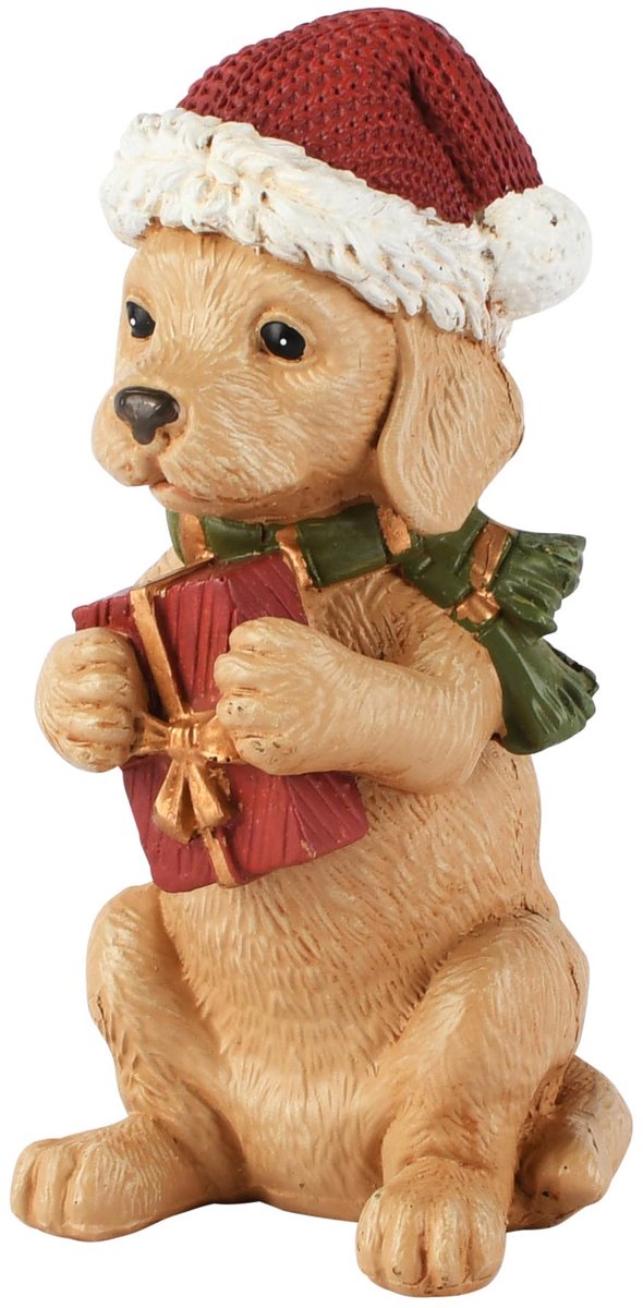 Dekoratief | Kersthond zittend m/cadeautje, rood/beige, resina, 5x6x12cm | A265710