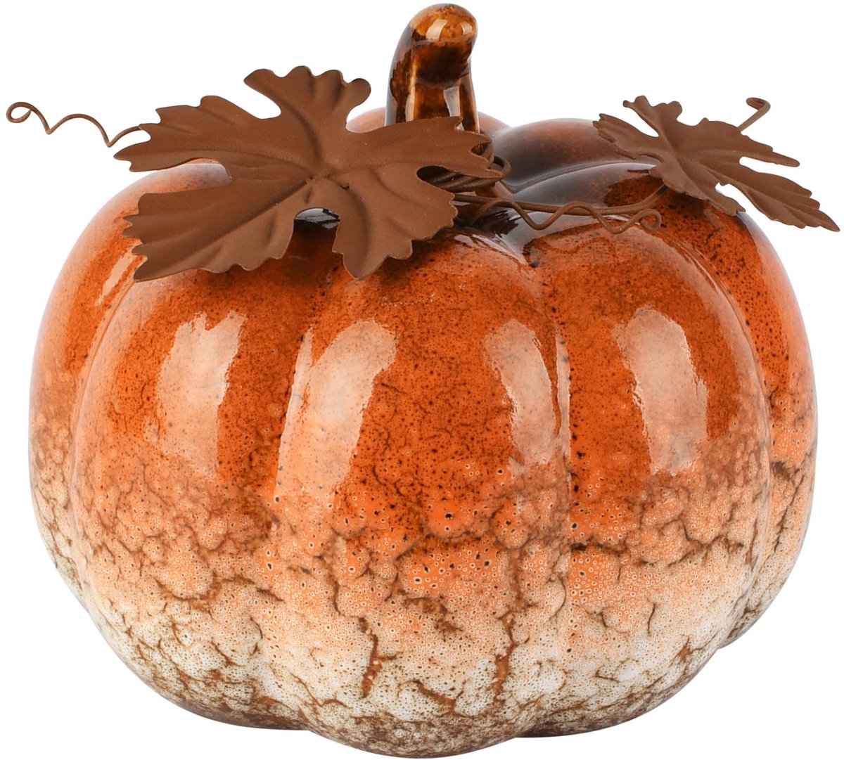 Dekoratief | Deco pompoen m/blaadjes, oranje, porselein/metaal, 14x14x12cm | A265862