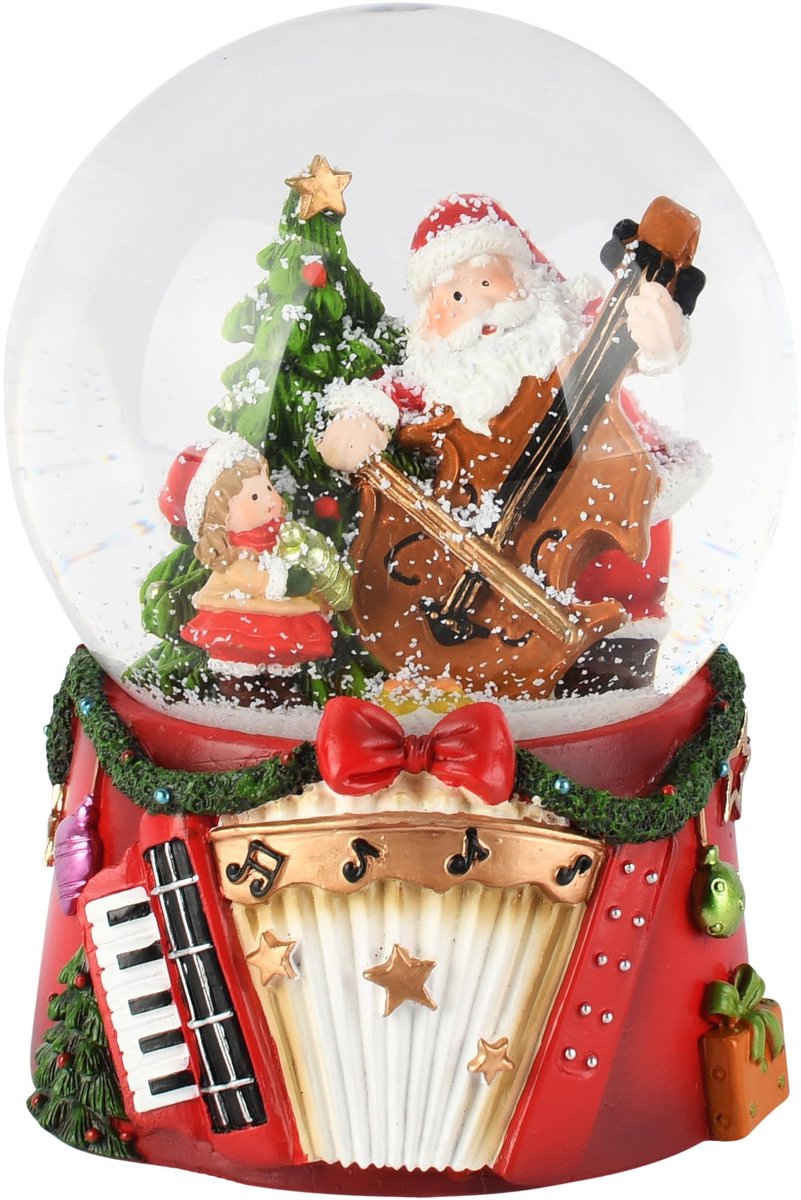Dekoratief | Waterbol muziekdoos santa m/instrument, resina/glas, 12x12x14cm | A265946
